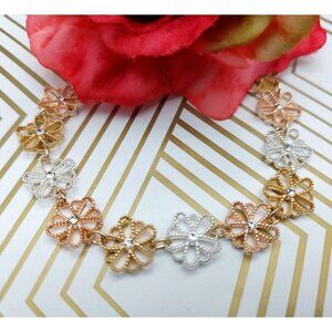 Lauren Conrad Tri Tone Flower Link Bracelet Rhinestones Textured Adjustable 7"